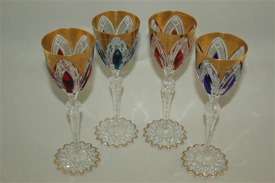 A set of four St Louis colour flash and cut hock glasses, 20th century, 22.5cm